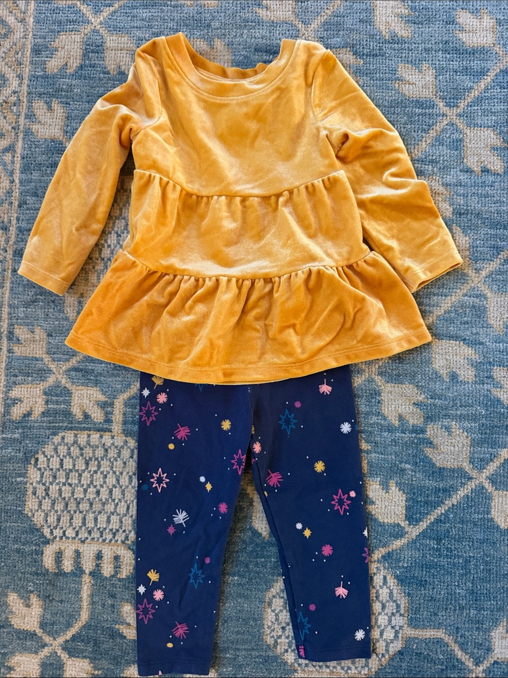 Cat & Jack Mustard Yellow Velvet Tiered Top with Navy Star Print Leggings